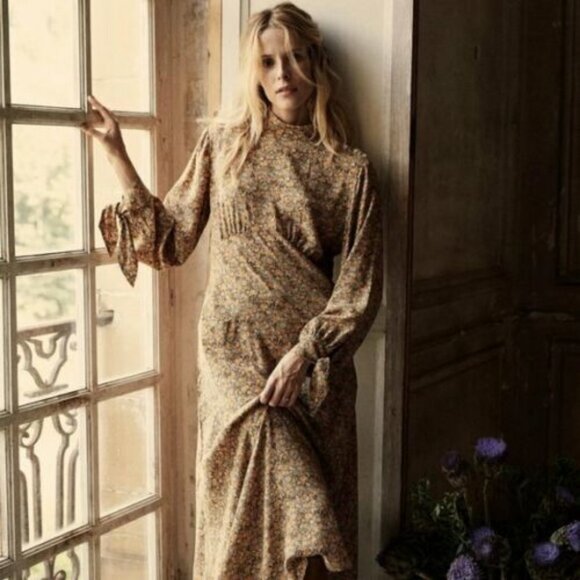 Doen Alda Dress in Lady Emma Floral Printed Long Sleeve Pleated Silk M - Picture 3 of 7